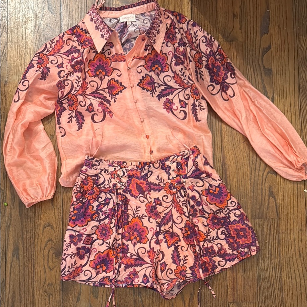 Floral Pink and Purple Blouse and Shorts Set